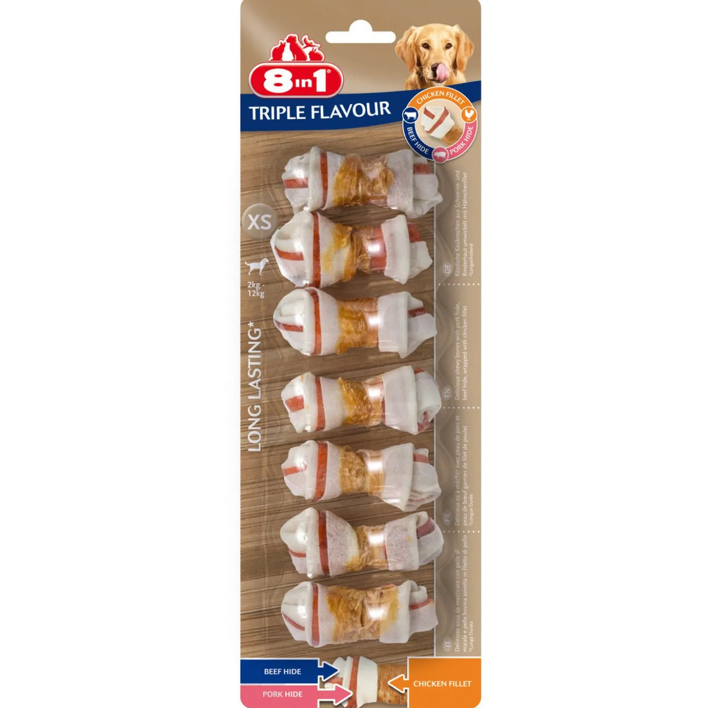 8in1 Delights Kauwknook Triple Flavour Kip&Varken&Rund - Hondensnacks