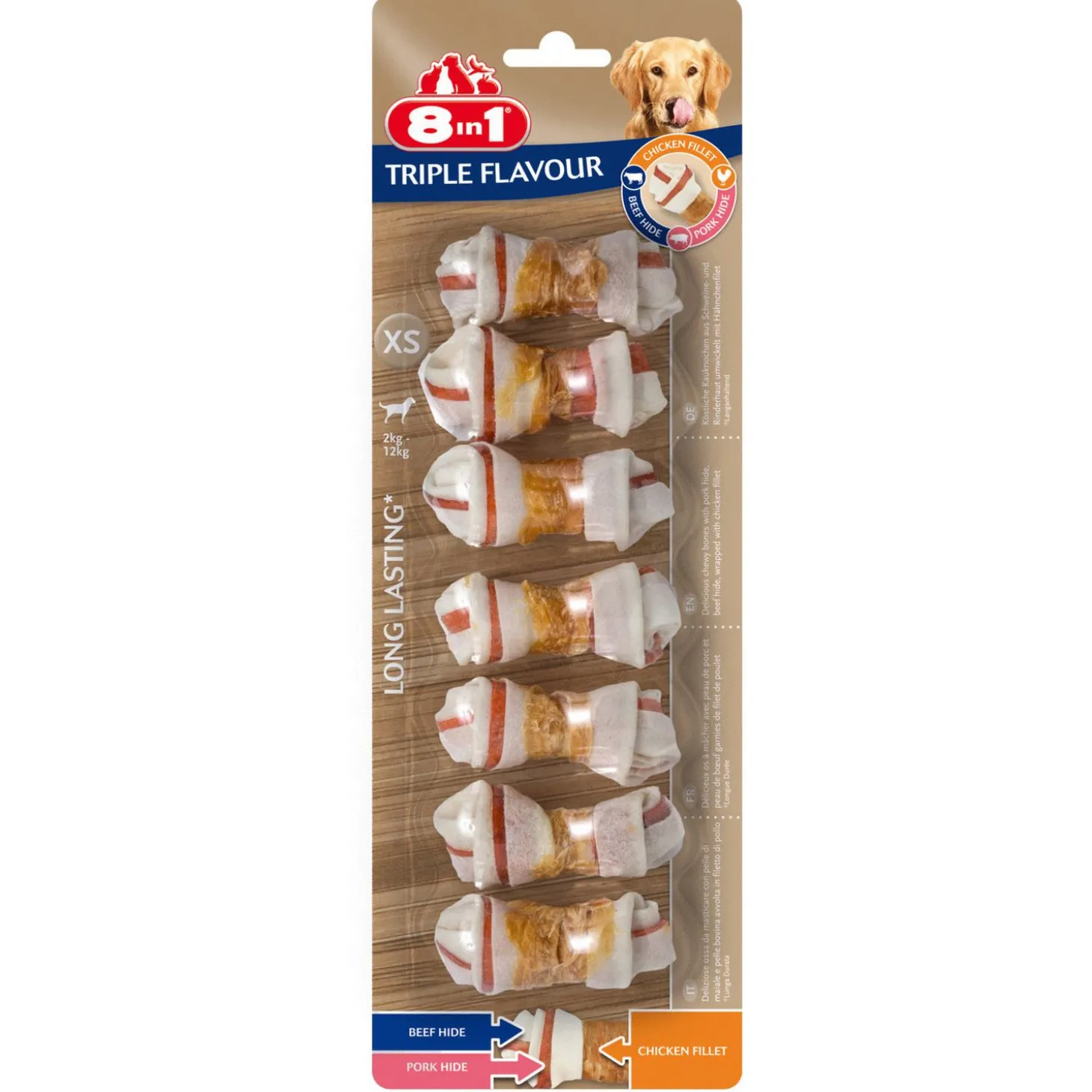 8in1 Delights Kauwknook Triple Flavour Kip&Varken&Rund - Hondensnacks