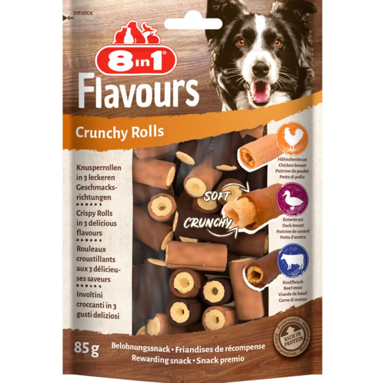 8in1 Flavours Crunchy Rolls - Hondensnacks - Kip Eend Rund 85 g