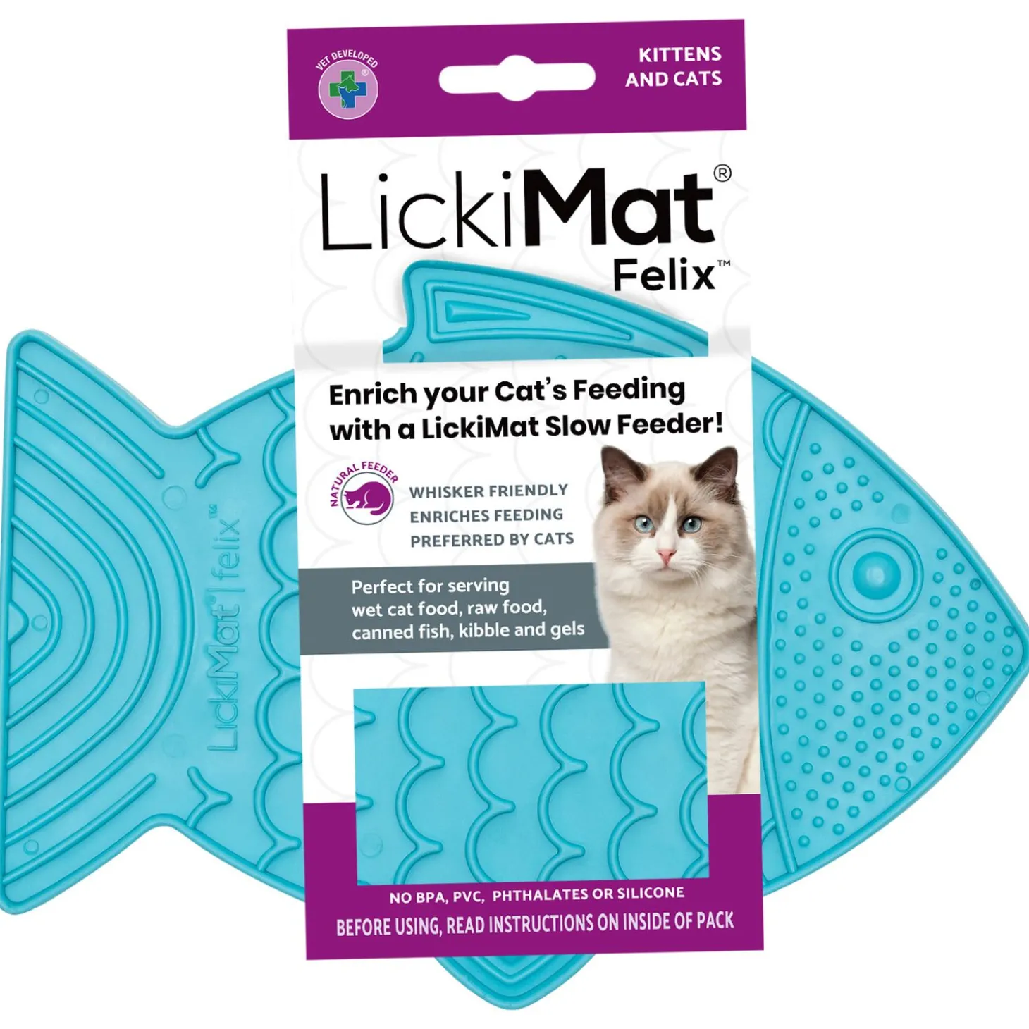 Lickimat Felix - Slowfeeder Voor De Kat - Tegen Schrokken - Kattenvoerbak - 22x16 cm Turquoise