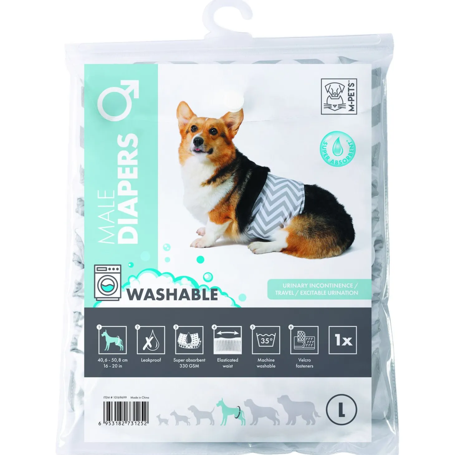 Mpets Wasbare Luier - Training & Gedrag - 26x28x6 cm Wit Grijs Voor Reuen L