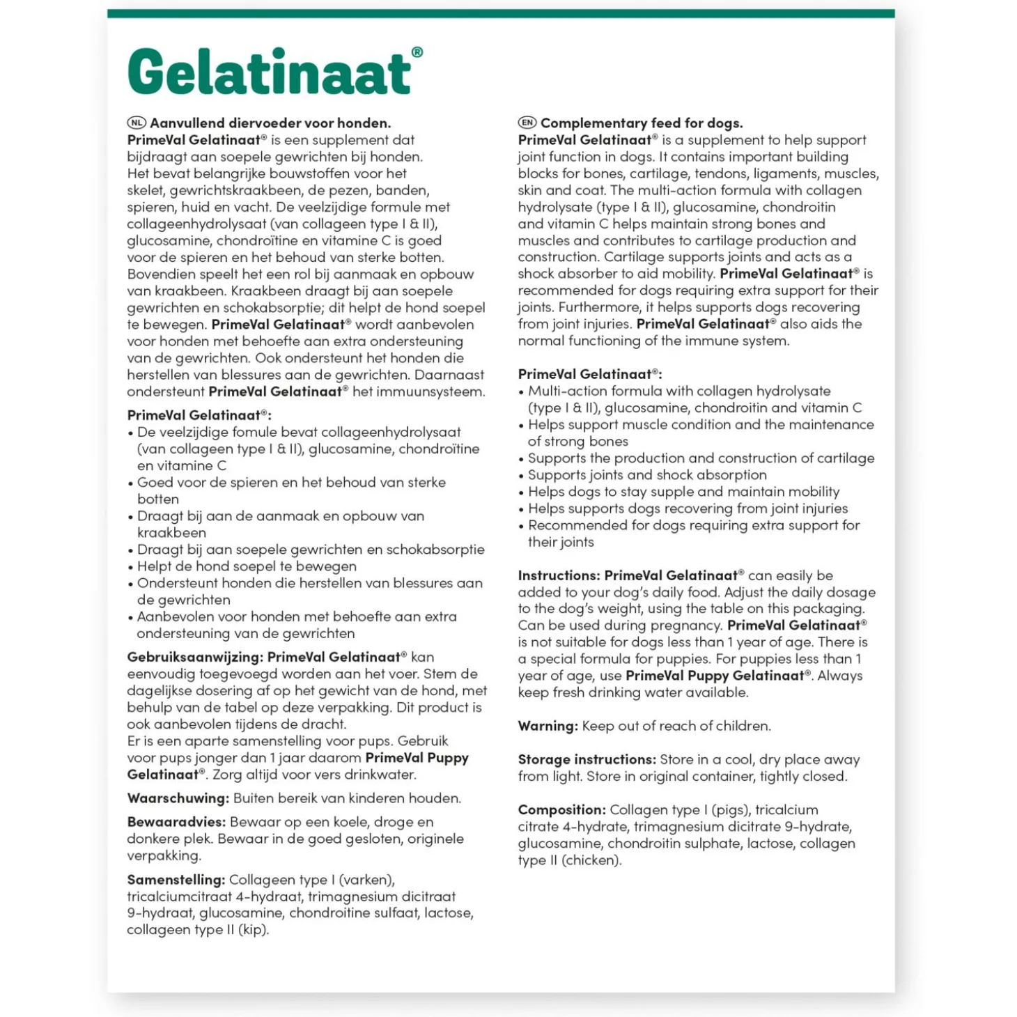 Primeval Gelatinaat Hond - Supplement - Gewrichten - Spieren