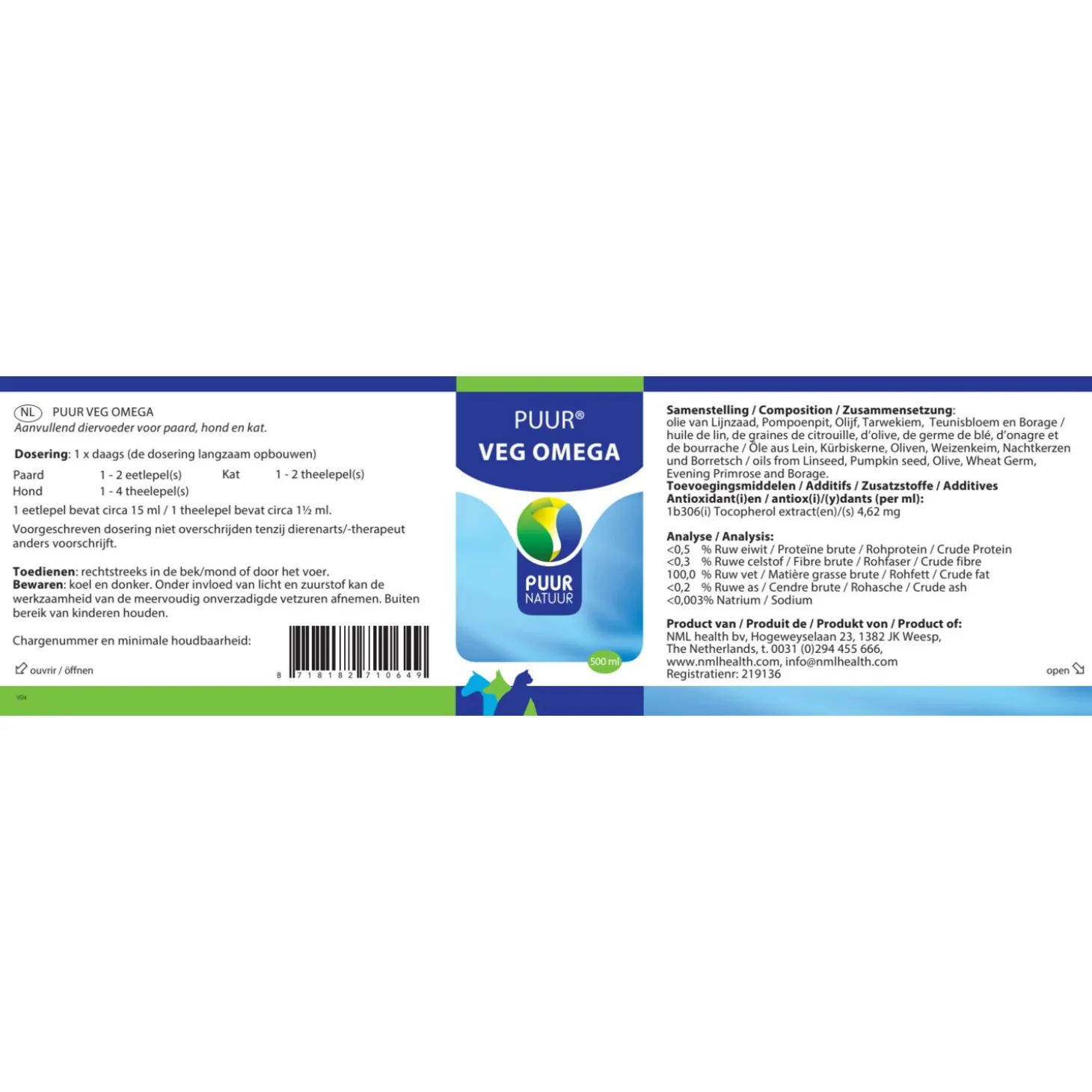 Puur Natuur Veg Omega - Voedingssupplement - Huid - Vacht - 500 ml